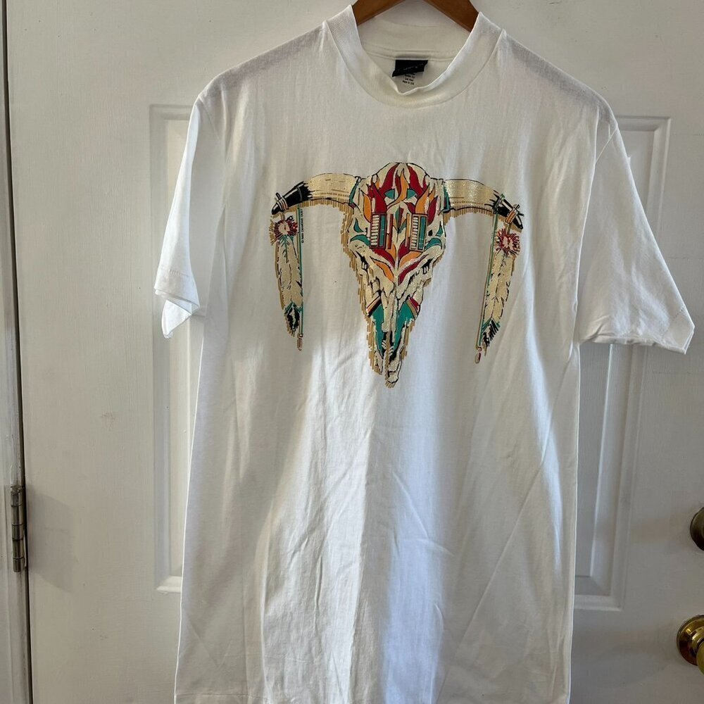 Vintage Diamond Dust Native American Animal Head Single Stitch Tee Shirt Sz Lr